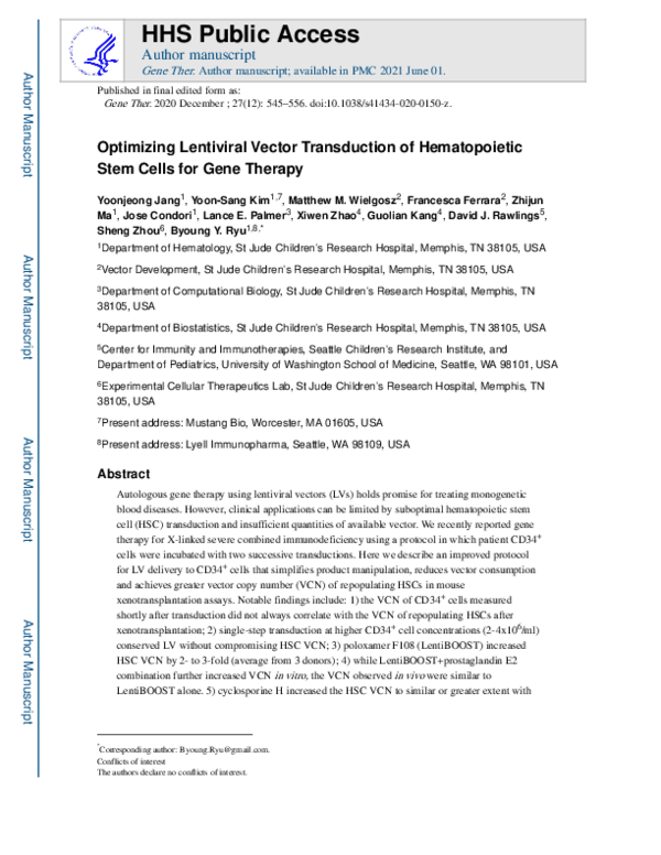 (PDF) Optimizing lentiviral vector transduction of hematopoietic stem ...