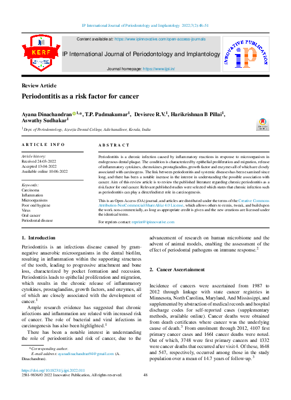 (PDF) Periodontitis as a risk factor for cancer