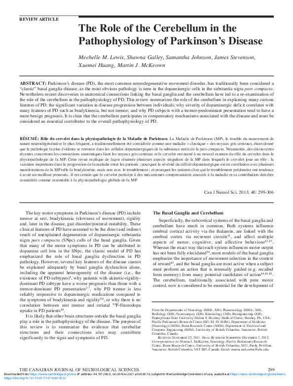 (PDF) The Role of the Cerebellum in the Pathophysiology of Parkinson's ...