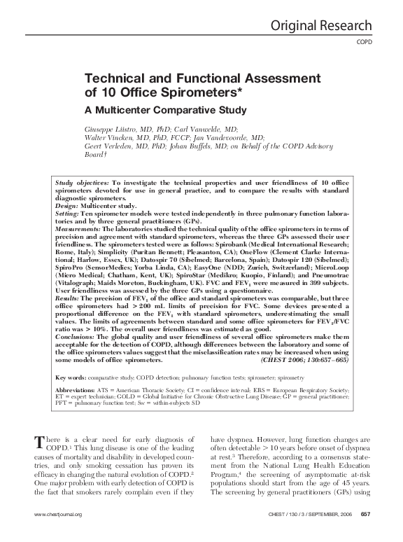 (PDF) Technical and Functional Assessment of 10 Office Spirometers
