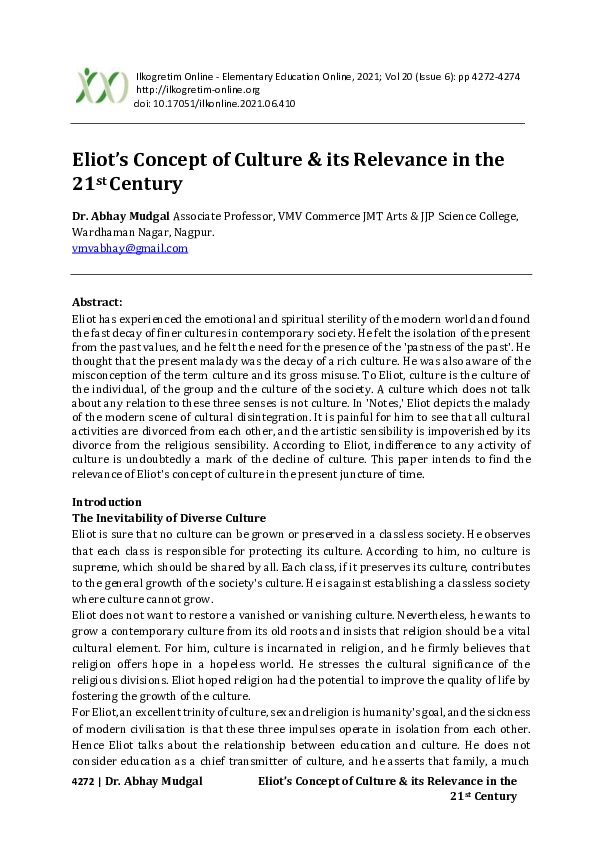 (PDF) Eliot's Concept of Culture & its Relevance in the 21st Century