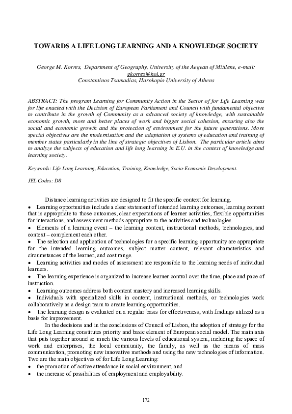 (PDF) Towards A Life Long Learning And A Knowledge Society