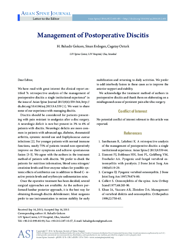 (PDF) Letter to the Editor: Management of Postoperative Discitis