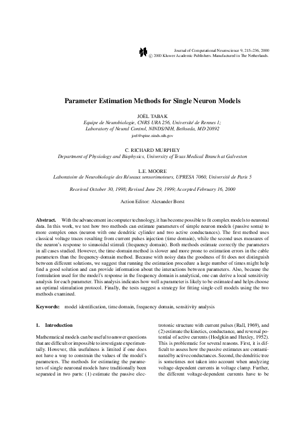 (PDF) Parameter Estimation Methods for Single Neuron Models