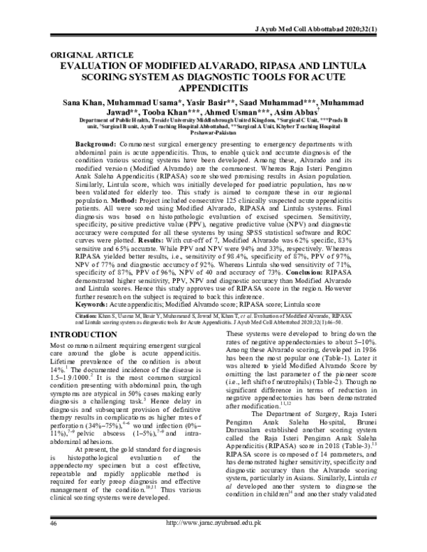 (PDF) Evaluation Of Modified Alvarado, Ripasa And Lintula Scoring ...