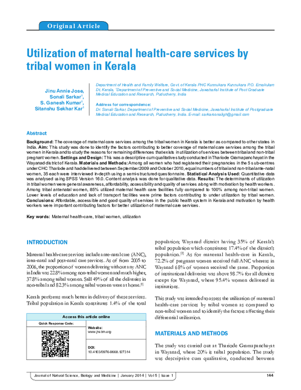 (PDF) Utilization of maternal health-care services by tribal women in ...