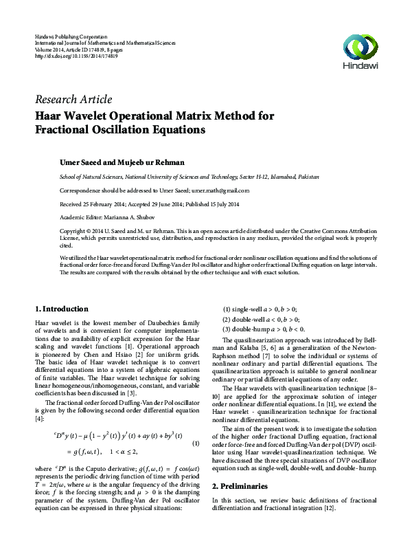 (PDF) Haar Wavelet Operational Matrix Method for Fractional Oscillation ...