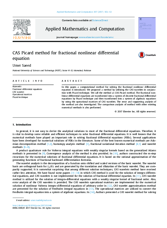 (PDF) CAS Picard method for fractional nonlinear differential equation