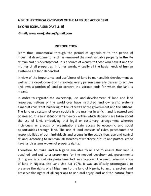 (DOC) A BRIEF HISTORICAL OVERVIEW OF THE LAND USE ACT OF 1978 ONU J O