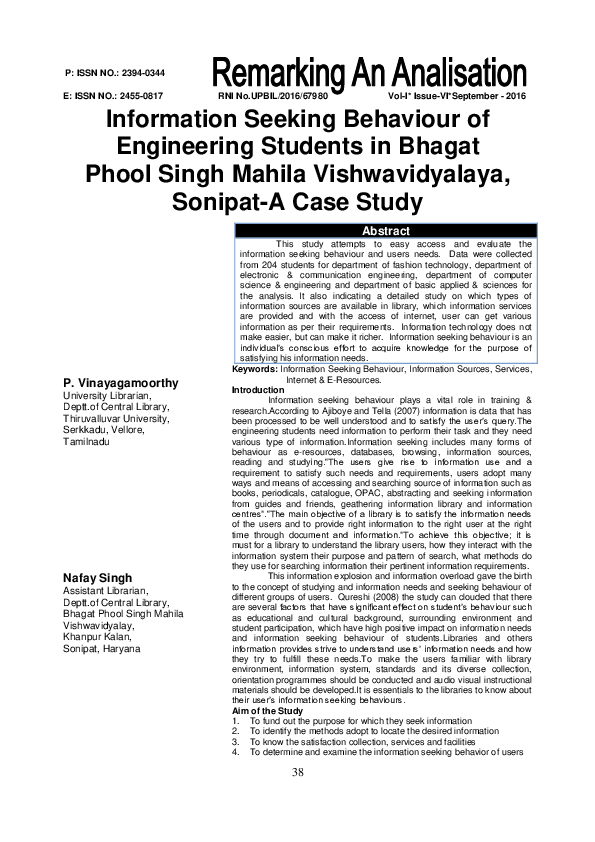 (PDF) Information Seeking Behaviour of Engineering Students in Bhagat ...