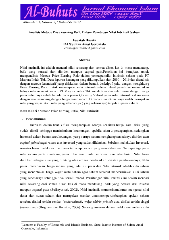 (PDF) Analisis Metode Price Earning Ratio Dalam Penetapan Nilai ...