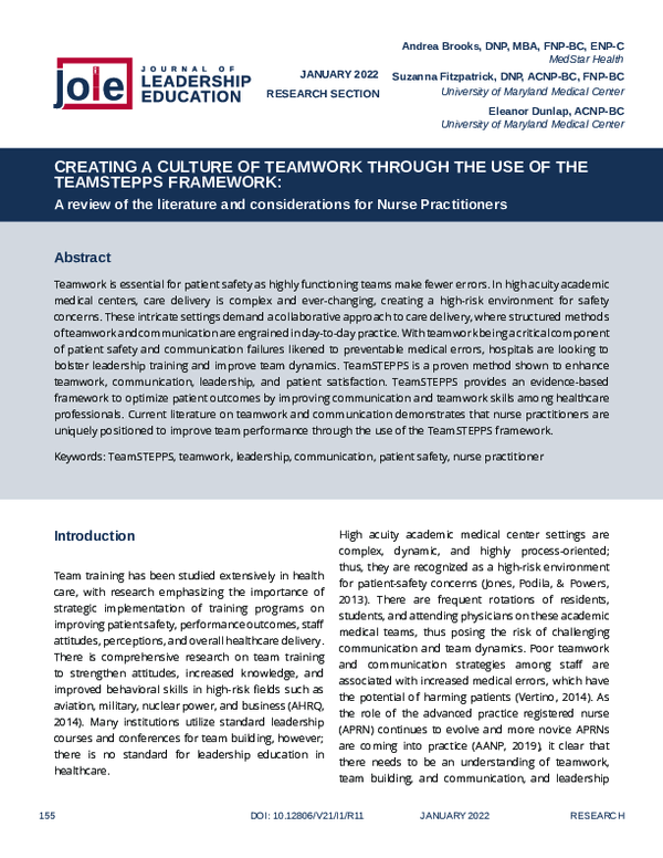 (PDF) Creating a Culture of Teamwork Through the use of the TeamSTEPPS ...