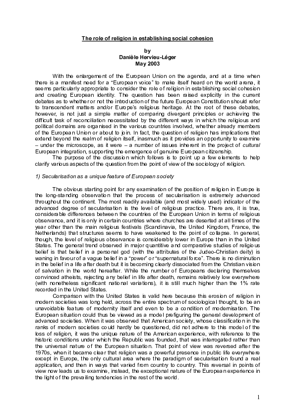 (PDF) The role of Religion in Establishing Social Cohesion