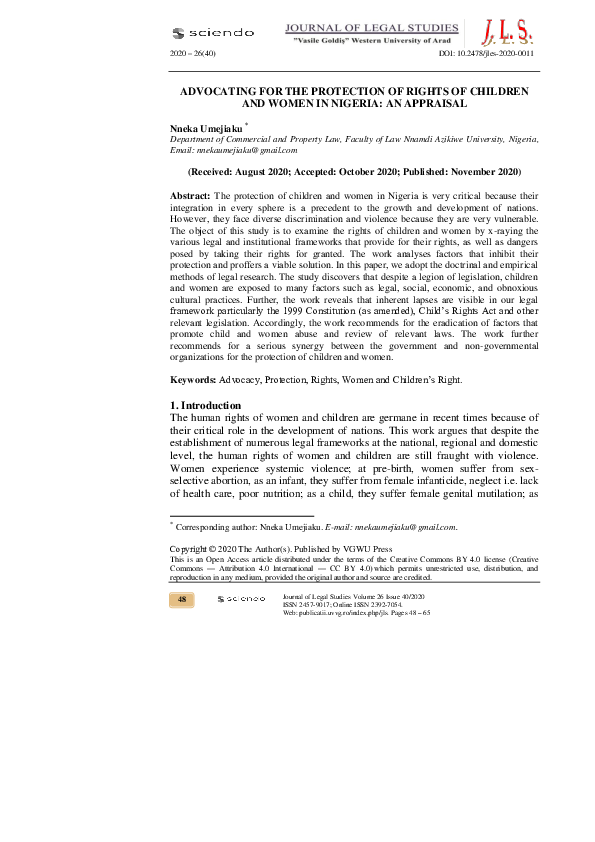 (PDF) Advocating for the Protection of Rights of Children and Women in ...