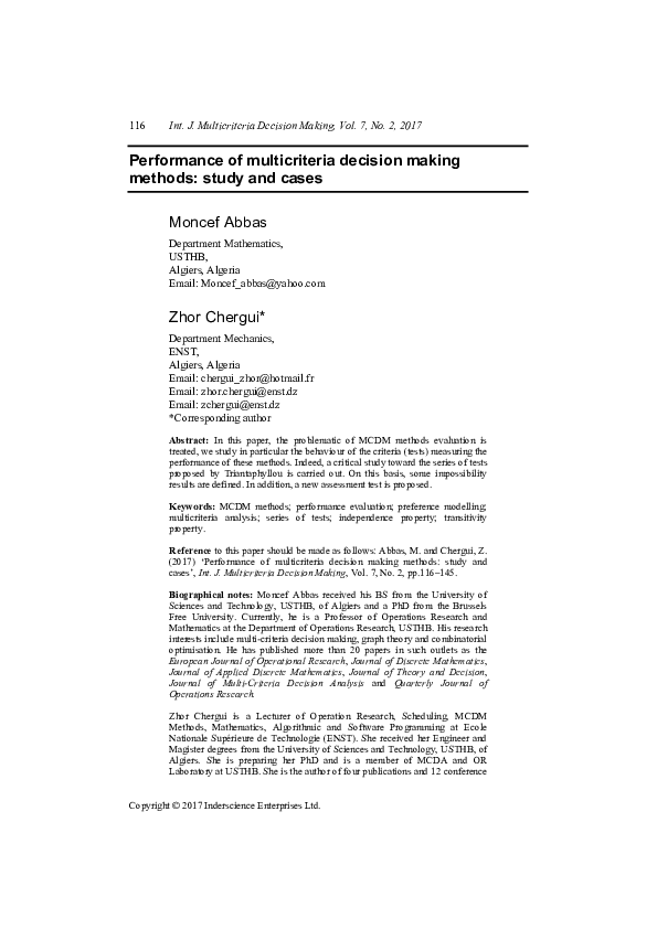 (PDF) Performance of multicriteria decision making methods: study and cases