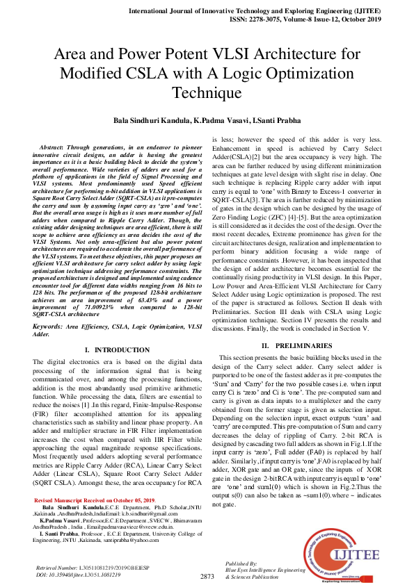 Area and Power Potent VLSI Architecture for Modified CSLA with A Logic ...