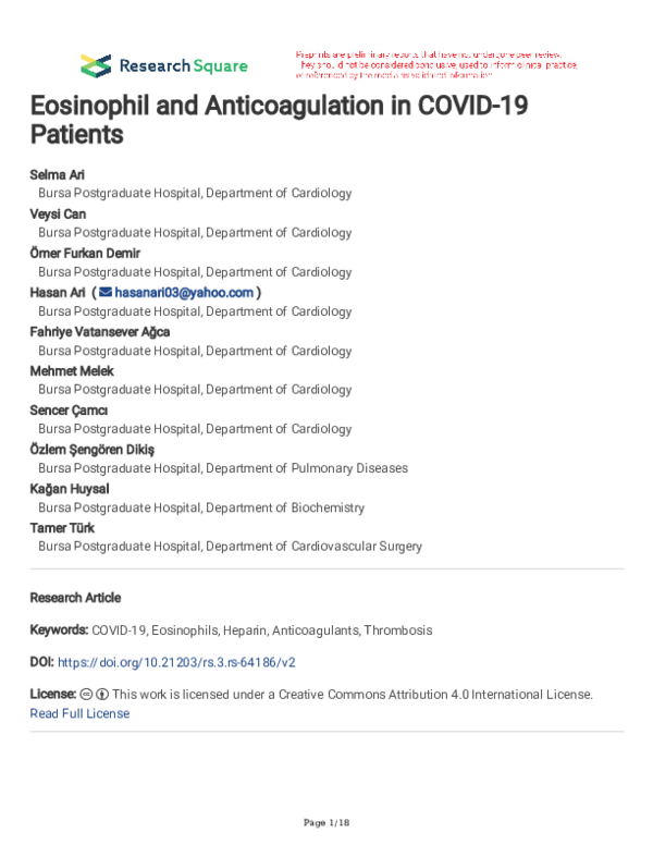 (PDF) Eosinophil and Anticoagulation in COVID-19 Patients