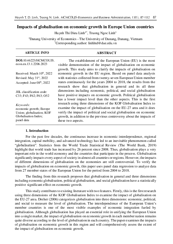 (PDF) Impacts of globalisation on economic growth in Europe Union countries