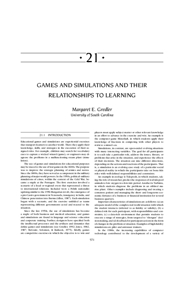 (PDF) Games and Simulations and Their Relationships to Learning
