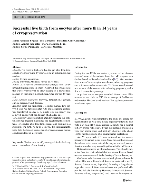 (PDF) Successful live birth from oocytes after more than 14 years of ...