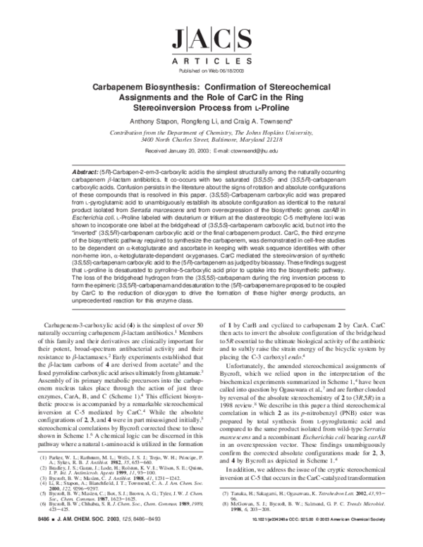 (PDF) Carbapenem Biosynthesis: Confirmation of Stereochemical ...
