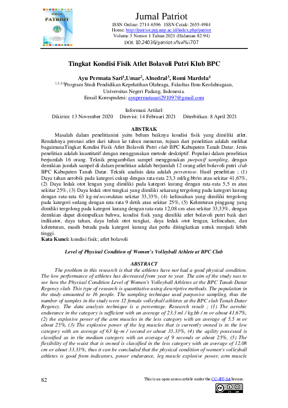 (PDF) Level of Physical Condition of Women's Volleyball Athlete at BPC ...