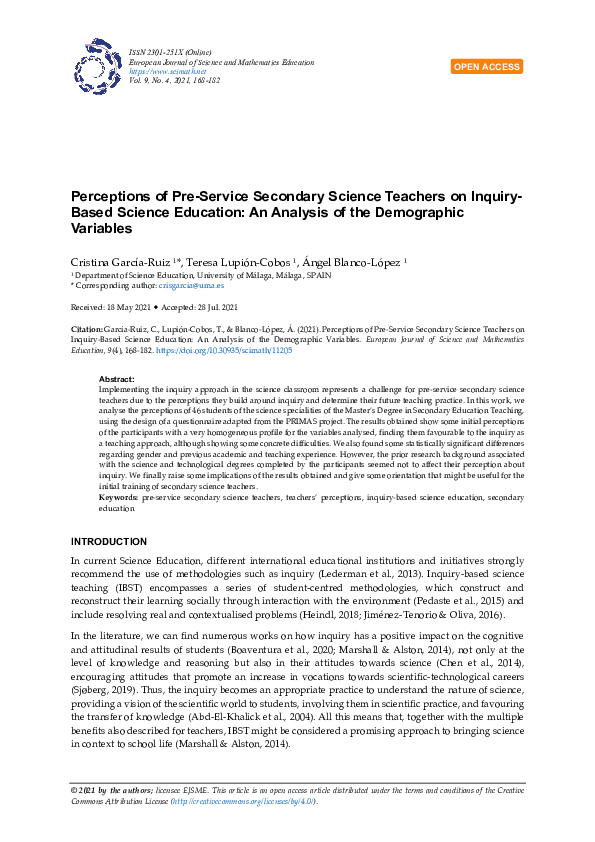 (PDF) Perceptions of Pre-Service Secondary Science Teachers on Inquiry ...