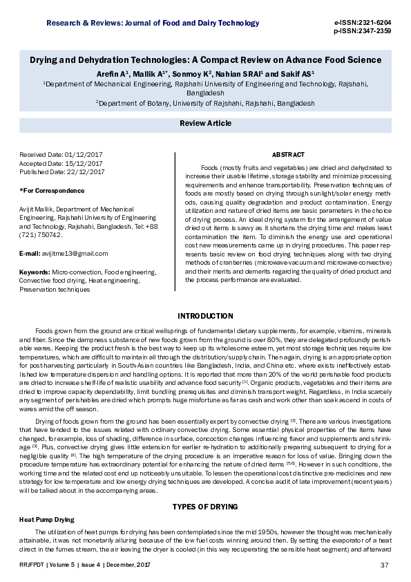 (PDF) Drying and Dehydration Technologies: A Compact Review on Advance ...
