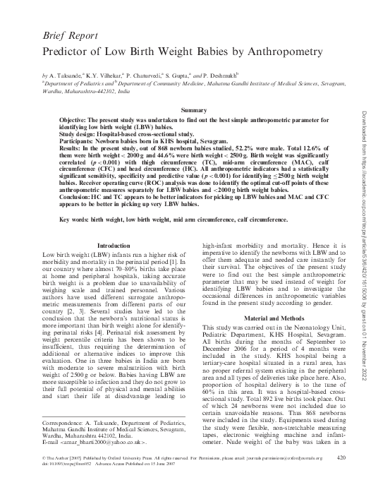 (PDF) Predictor of Low Birth Weight Babies by Anthropometry
