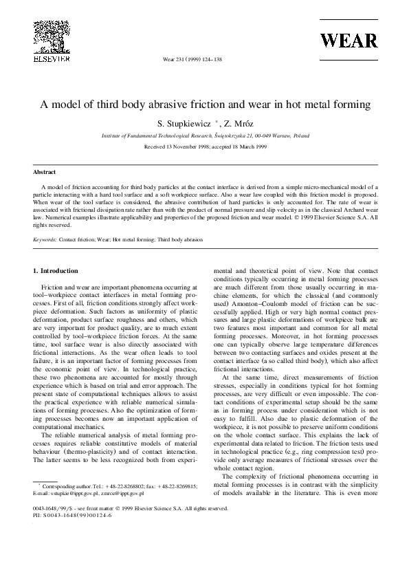 (PDF) A model of third body abrasive friction and wear in hot metal