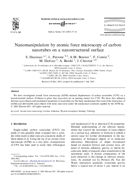 (PDF) Nanomanipulation by atomic force microscopy of carbon nanotubes ...