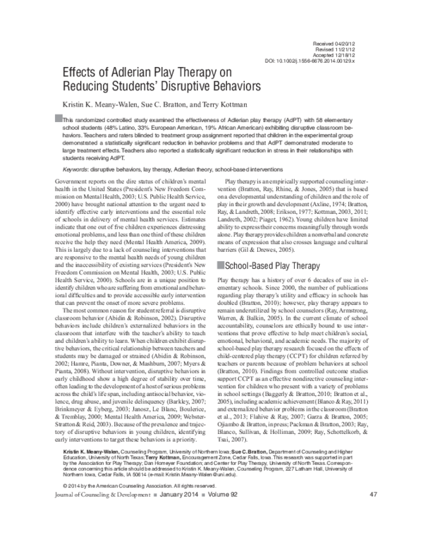 (PDF) Effects of Adlerian Play Therapy on Reducing Students' Disruptive ...