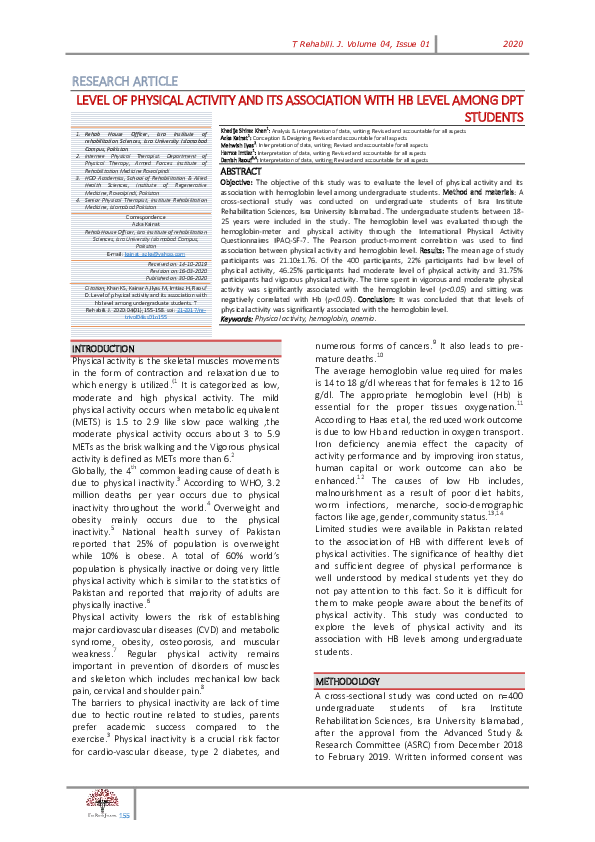 (PDF) Level of Physical Activity and Its Association with HB Level ...