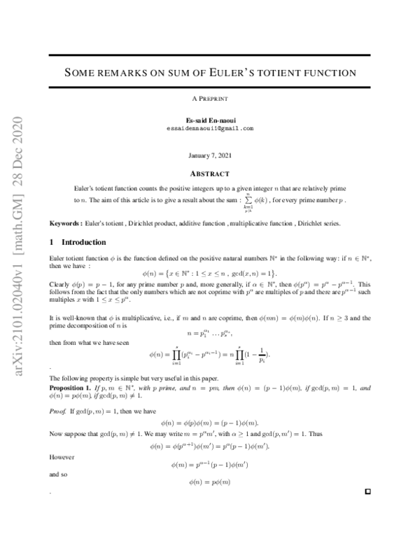 (PDF) Some remarks on sum of Euler's totient function