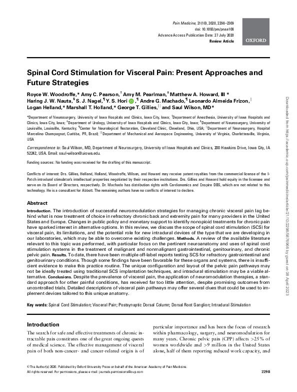 (PDF) Spinal Cord Stimulation for Visceral Pain: Present Approaches and ...