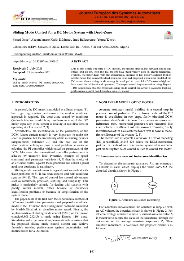 (PDF) Sliding Mode Control for a DC Motor System with Dead-Zone
