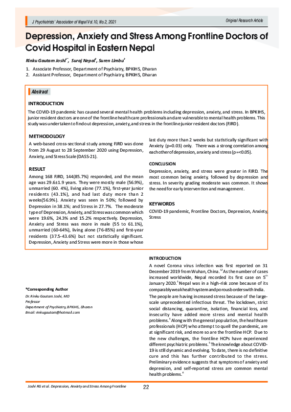 (PDF) Depression, Anxiety and Stress Among Frontline Doctors of Covid ...