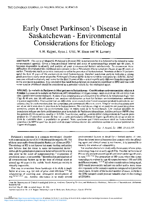 (PDF) Early Onset Parkinson's Disease in Saskatchewan - Environmental ...