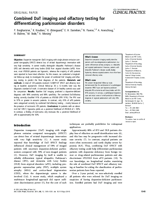 (PDF) Combined DaT imaging and olfactory testing for differentiating ...