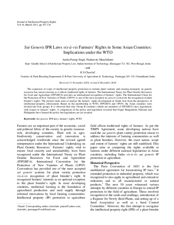 (PDF) Sui Generis IPR Laws vis-a-vis Farmers' Rights in Some Asian ...