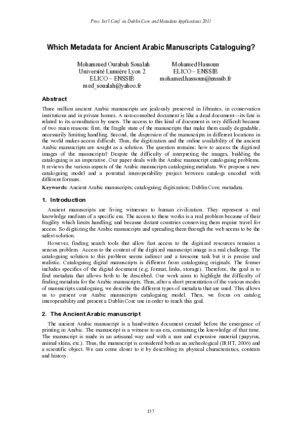 (PDF) Which metadata for Ancient Arabic Manuscripts Cataloguing?