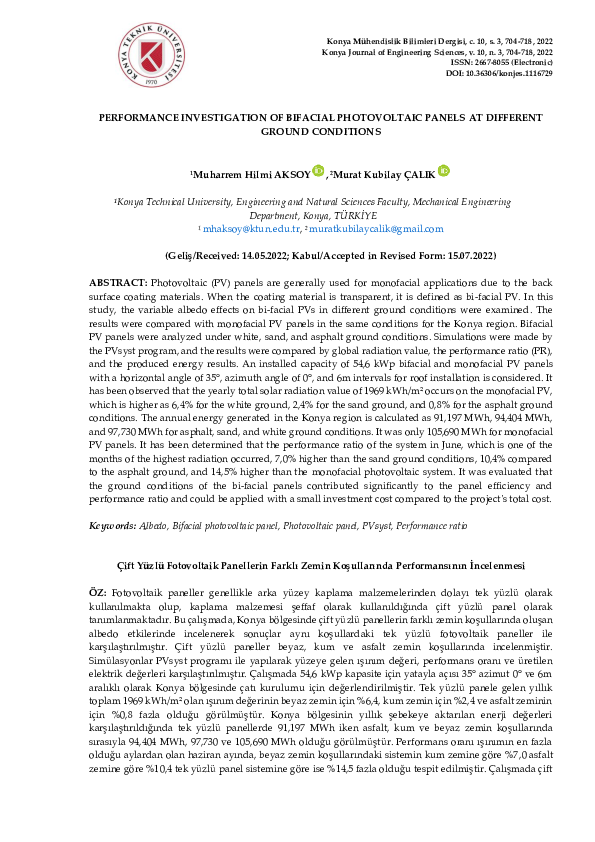 (PDF) PERFORMANCE INVESTIGATION OF BIFACIAL PHOTOVOLTAIC PANELS AT ...