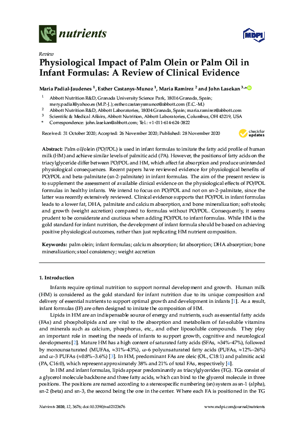 (PDF) Physiological Impact of Palm Olein or Palm Oil in Infant Formulas ...