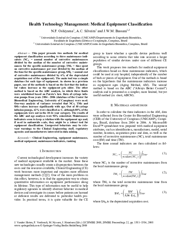 (PDF) Health Technology Management: Medical Equipment Classification