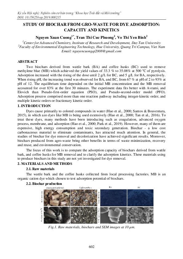 PDF) Study of Biochar from Gro-Waste for Dye Adsorption: Capacity and  Kinetics