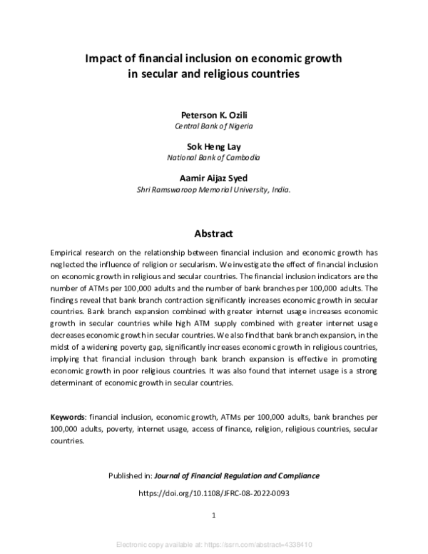 (PDF) Impact of financial inclusion on economic growth in secular and ...