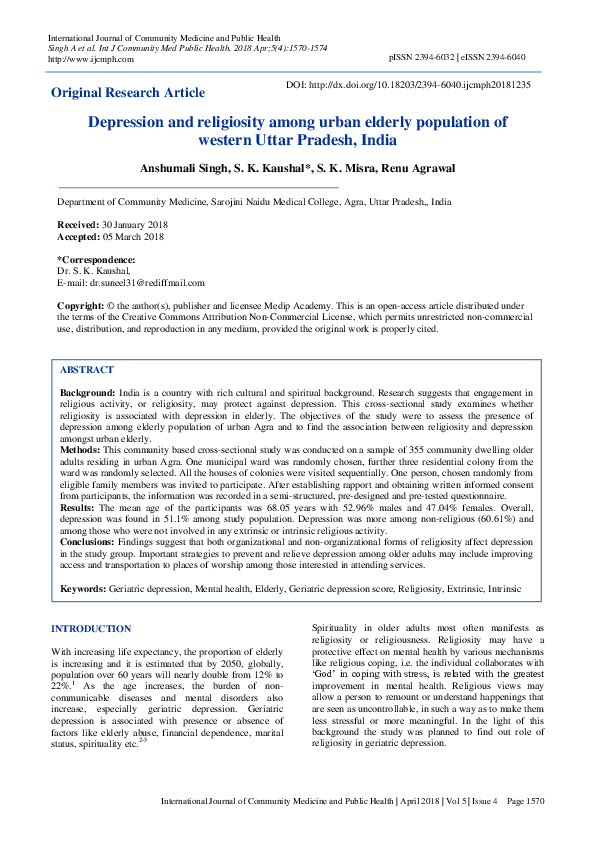 (PDF) Depression and religiosity among urban elderly population of ...