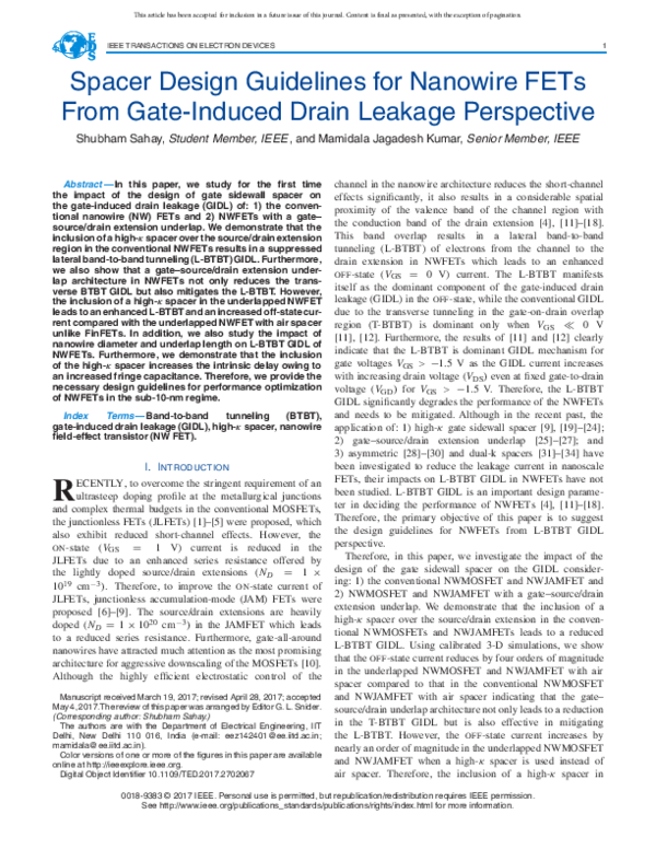 (PDF) Spacer Design Guidelines for Nanowire FETs From GateInduced