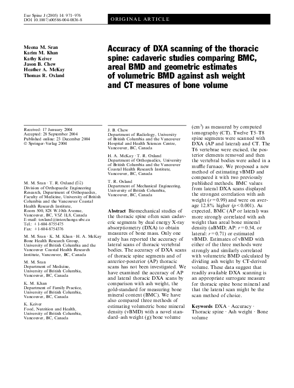 (PDF) Accuracy of DXA scanning of the thoracic spine: cadaveric studies ...