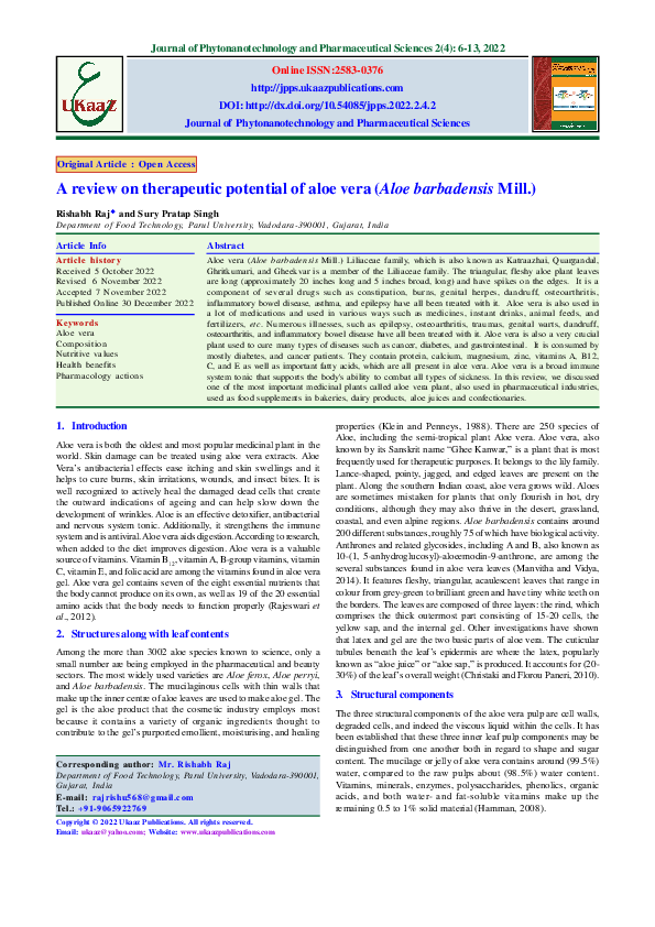 (PDF) A review on therapeutic potential of aloe vera (Aloe barbadensis ...